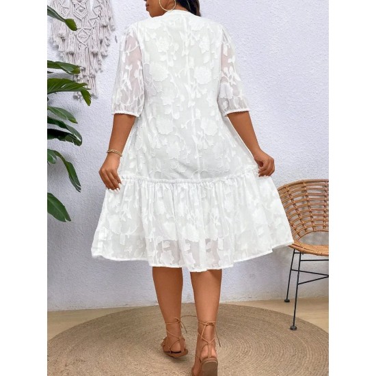 Women Fashion Elegant Plus Size Jacquard Stitching V-Neck Short-Sleeve Pleated Lace-Up Dress