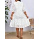 Women Fashion Elegant Plus Size Jacquard Stitching V-Neck Short-Sleeve Pleated Lace-Up Dress