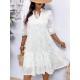 Women Fashion Elegant Plus Size Jacquard Stitching V-Neck Short-Sleeve Pleated Lace-Up Dress