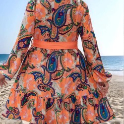 Women Fashion Elegant Plus Size Printed Long-Sleeve Lace-Up Loose Dress