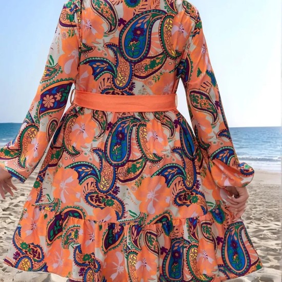 Women Fashion Elegant Plus Size Printed Long-Sleeve Lace-Up Loose Dress