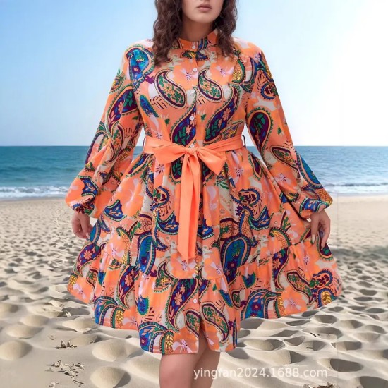 Women Fashion Elegant Plus Size Printed Long-Sleeve Lace-Up Loose Dress