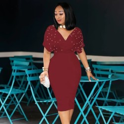 Women Fashion Elegant Solid Color Beads V-Neck Half Sleeve Zipper Slim Fit Dress