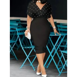 Women Fashion Elegant Solid Color Beads V-Neck Half Sleeve Zipper Slim Fit Dress