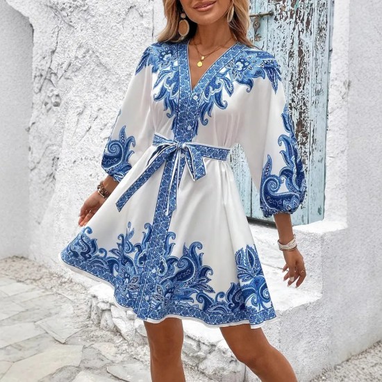 Women Fashion Boho Printed V-Neck Long Sleeve Lace-Up Dress
