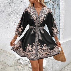 Women Fashion Boho Printed V-Neck Long Sleeve Lace-Up Dress