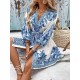 Women Fashion Boho Printed V-Neck Long Sleeve Lace-Up Dress