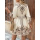 Women Fashion Boho Printed V-Neck Long Sleeve Lace-Up Dress