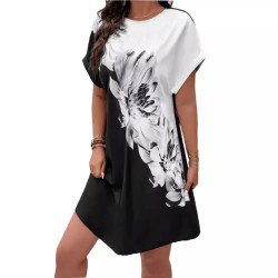 Women Fashion Casual Floral Printed Round Neck Short-Sleeve Dress