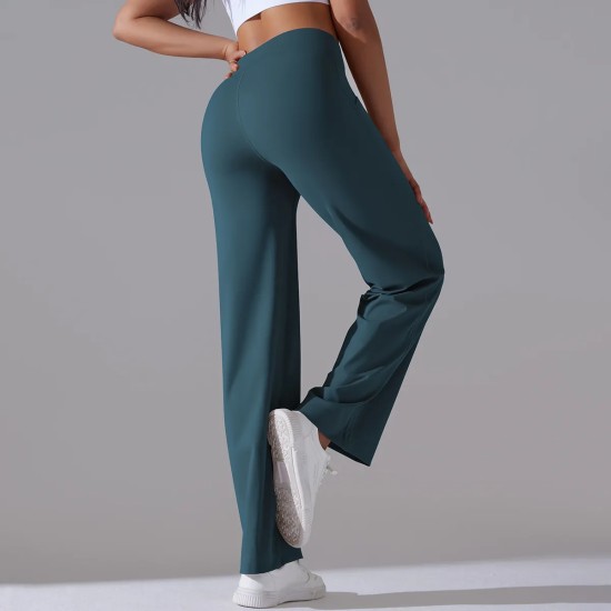 Women Fashion Casual Solid Color Breathable High Waist Loose Pocket Pants