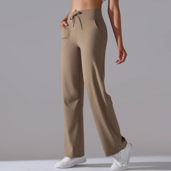 Women Fashion Casual Solid Color Breathable High Waist Loose Pocket Pants