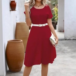 Women Fashion Casual Solid Color Round-Neck Short-Sleeve Loose Dress