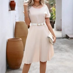 Women Fashion Casual Solid Color Round-Neck Short-Sleeve Loose Dress