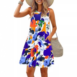 Women Fashion Casual Printed Round Neck Sleeveless Pocket Loose Dress