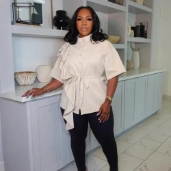 Women Fashion Elegant Solid Color Ruffled Short Sleeve Blouse