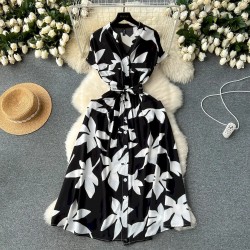 Women Fashion Casual Vacation Printed V-Neck Short-Sleeve Loose Dress