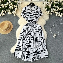 Women Fashion Casual Vacation Printed V-Neck Short-Sleeve Loose Dress