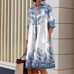 Women Fashion Casual Printed Lapel Long-Sleeve Loose Dress