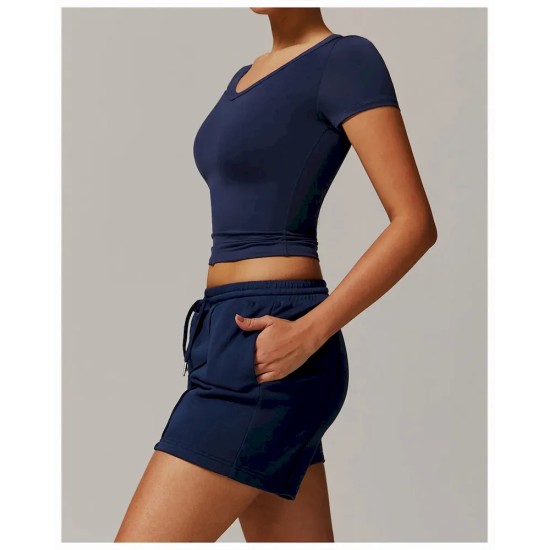 Women Fashion Casual Solid Color V-Neck Short-Sleeve Tight Yoga Sports T-Shirt