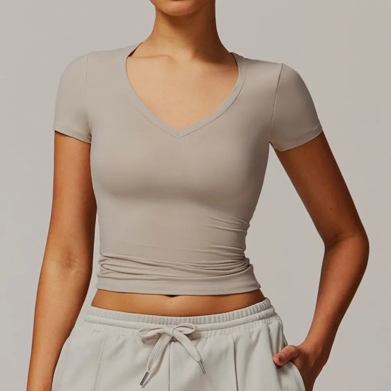 Women Fashion Casual Solid Color V-Neck Short-Sleeve Tight Yoga Sports T-Shirt