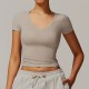 Women Fashion Casual Solid Color V-Neck Short-Sleeve Tight Yoga Sports T-Shirt
