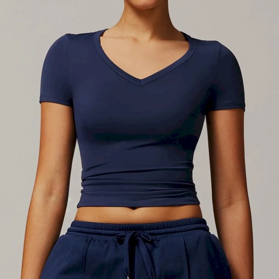 Women Fashion Casual Solid Color V-Neck Short-Sleeve Tight Yoga Sports T-Shirt