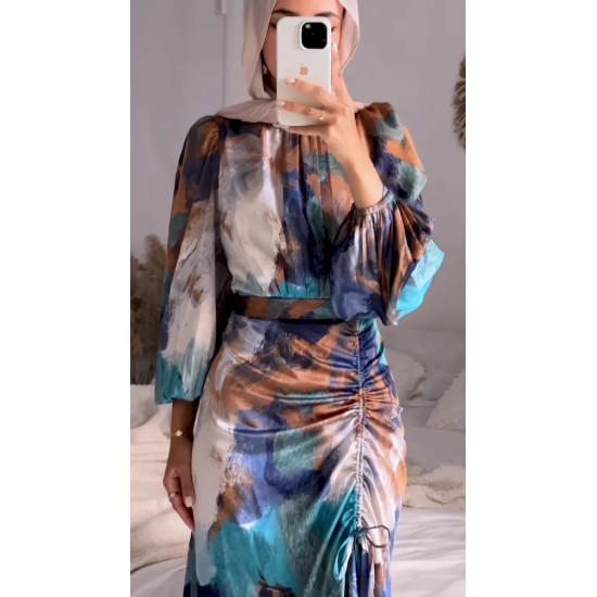 Women Fashion Elegant Graffiti Long Puff Sleeve Pleated Dress