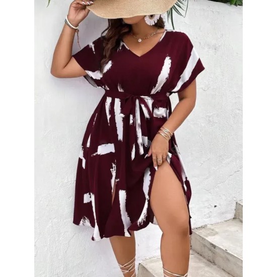 Women Fashion Casual Plus Size Printed V-Neck Short-Sleeve Loose Dress