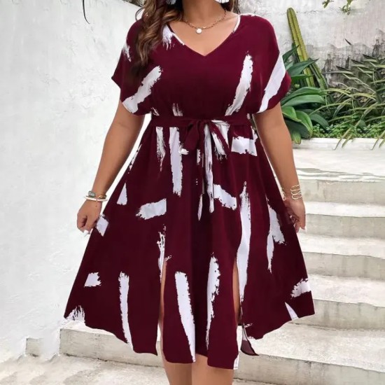 Women Fashion Casual Plus Size Printed V-Neck Short-Sleeve Loose Dress