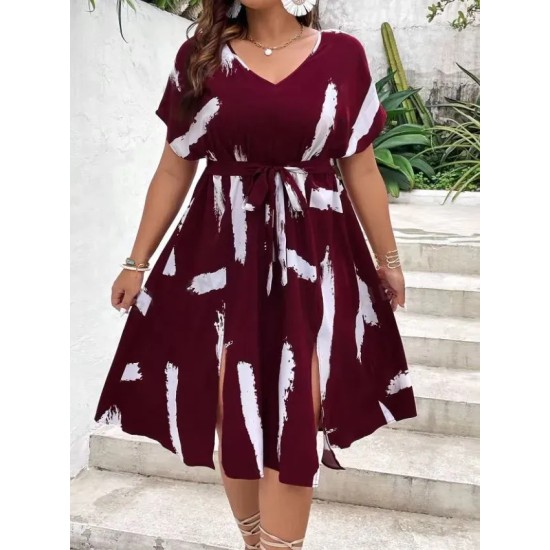 Women Fashion Casual Plus Size Printed V-Neck Short-Sleeve Loose Dress