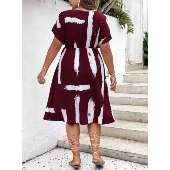 Women Fashion Casual Plus Size Printed V-Neck Short-Sleeve Loose Dress