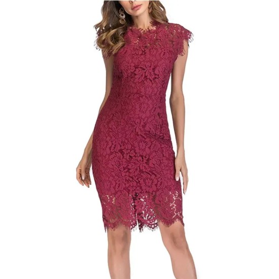 Women Fashion Sexy Solid Color Lace Short-Sleeve Slim Fit Dress