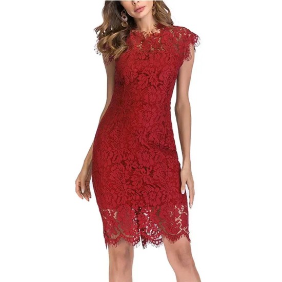 Women Fashion Sexy Solid Color Lace Short-Sleeve Slim Fit Dress