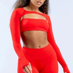 Women Fashion Sexy Solid Color Short Camisole Long Sleeve T-Shirt Sports 2-Piece Set