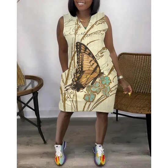 Women Fashion Casual V-Neck Sleeveless Loose Dress