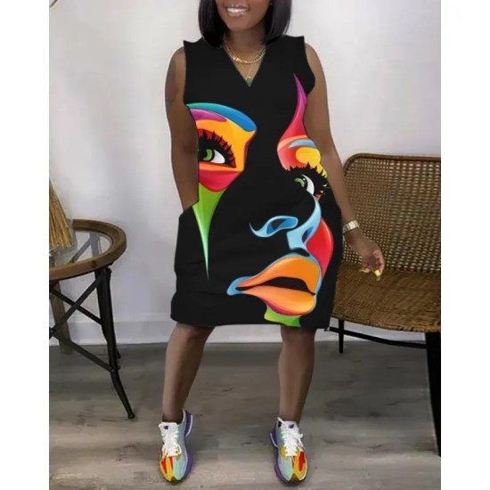 Women Fashion Casual V-Neck Sleeveless Loose Dress