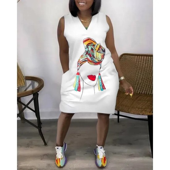 Women Fashion Casual V-Neck Sleeveless Loose Dress