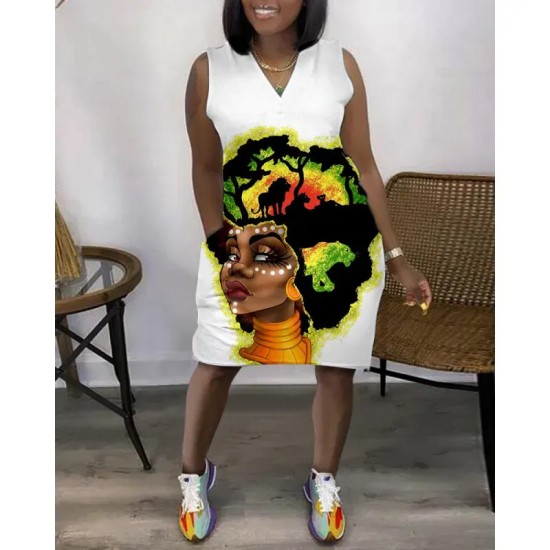 Women Fashion Casual V-Neck Sleeveless Loose Dress