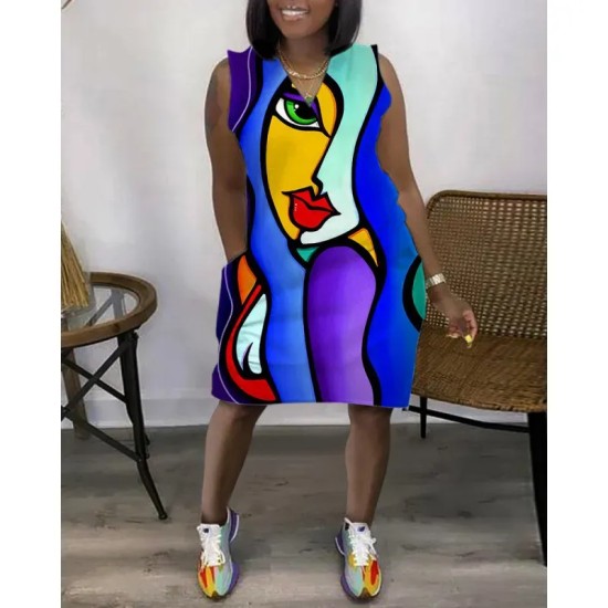 Women Fashion Casual V-Neck Sleeveless Loose Dress