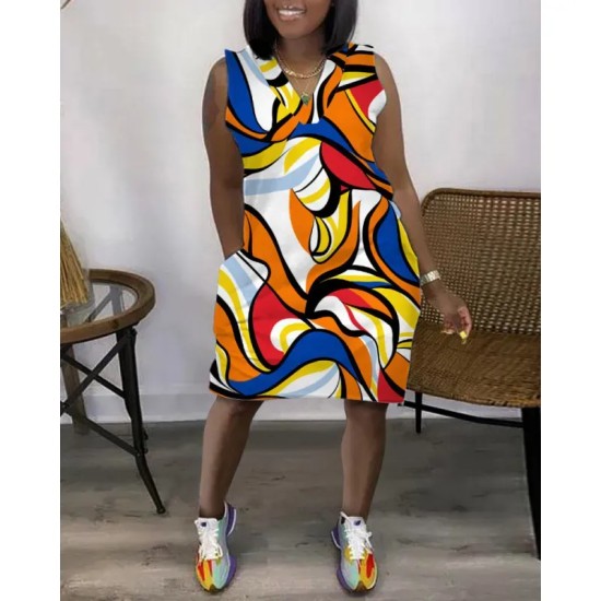 Women Fashion Casual V-Neck Sleeveless Loose Dress