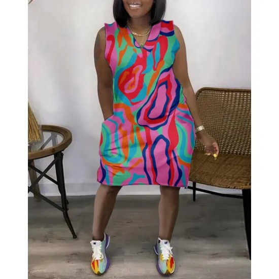 Women Fashion Casual V-Neck Sleeveless Loose Dress