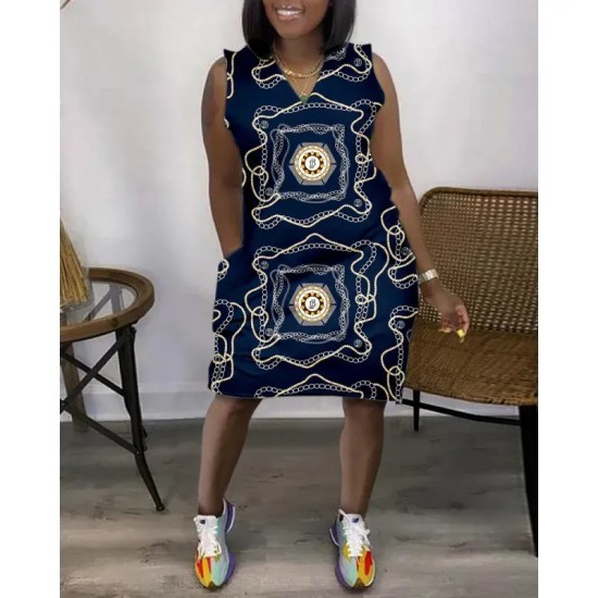 Women Fashion Casual V-Neck Sleeveless Loose Dress