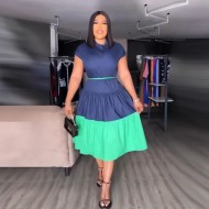 Women Fashion Casual Color Block Short-Sleeve Pleated Dress