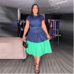 Women Fashion Casual Color Block Short-Sleeve Pleated Dress