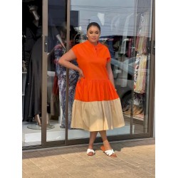 Women Fashion Casual Color Block Short-Sleeve Pleated Dress