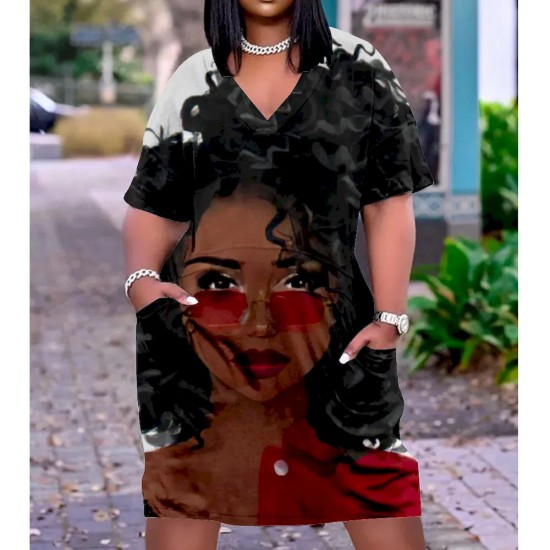 Women Fashion Casual Plus Size Printed V-Neck Short-Sleeve Loose Dress