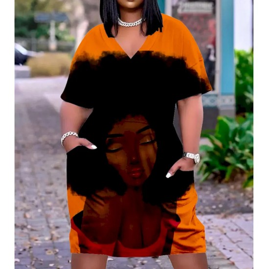 Women Fashion Casual Plus Size Printed V-Neck Short-Sleeve Loose Dress