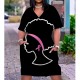 Women Fashion Casual Plus Size Printed V-Neck Short-Sleeve Loose Dress