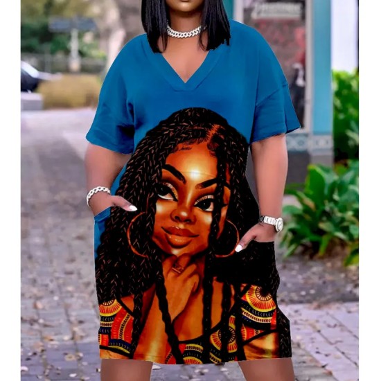 Women Fashion Casual Plus Size Printed V-Neck Short-Sleeve Loose Dress
