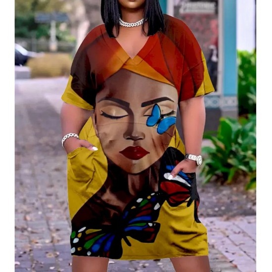 Women Fashion Casual Plus Size Printed V-Neck Short-Sleeve Loose Dress